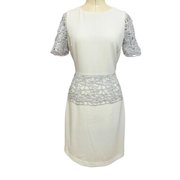 BELLE BADGLEY MISCHKA Kamila Dress Size 8 Ivory Sheath Silver Sleeves Peplum NWT - Picture 1 of 16